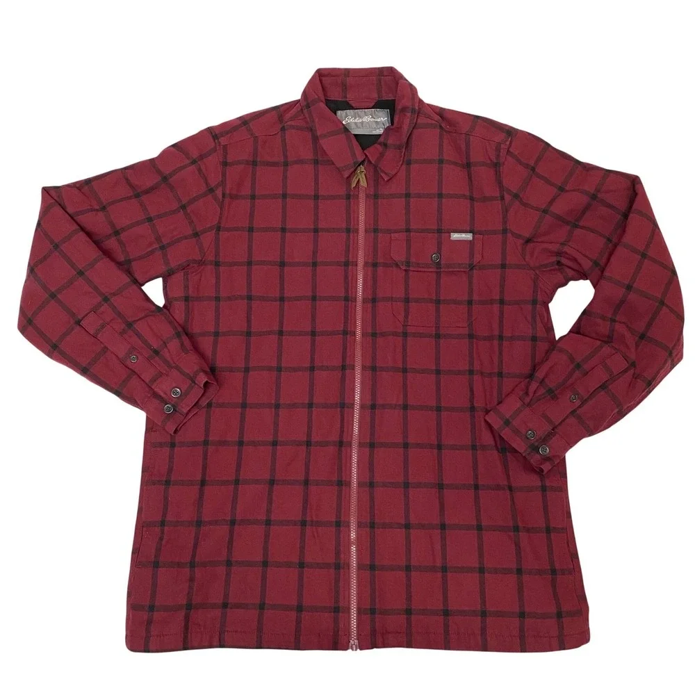 Eddie Bauer Shirt Jacket Mens TL Red Plaid‎ Flannel Fleece Lined Zip